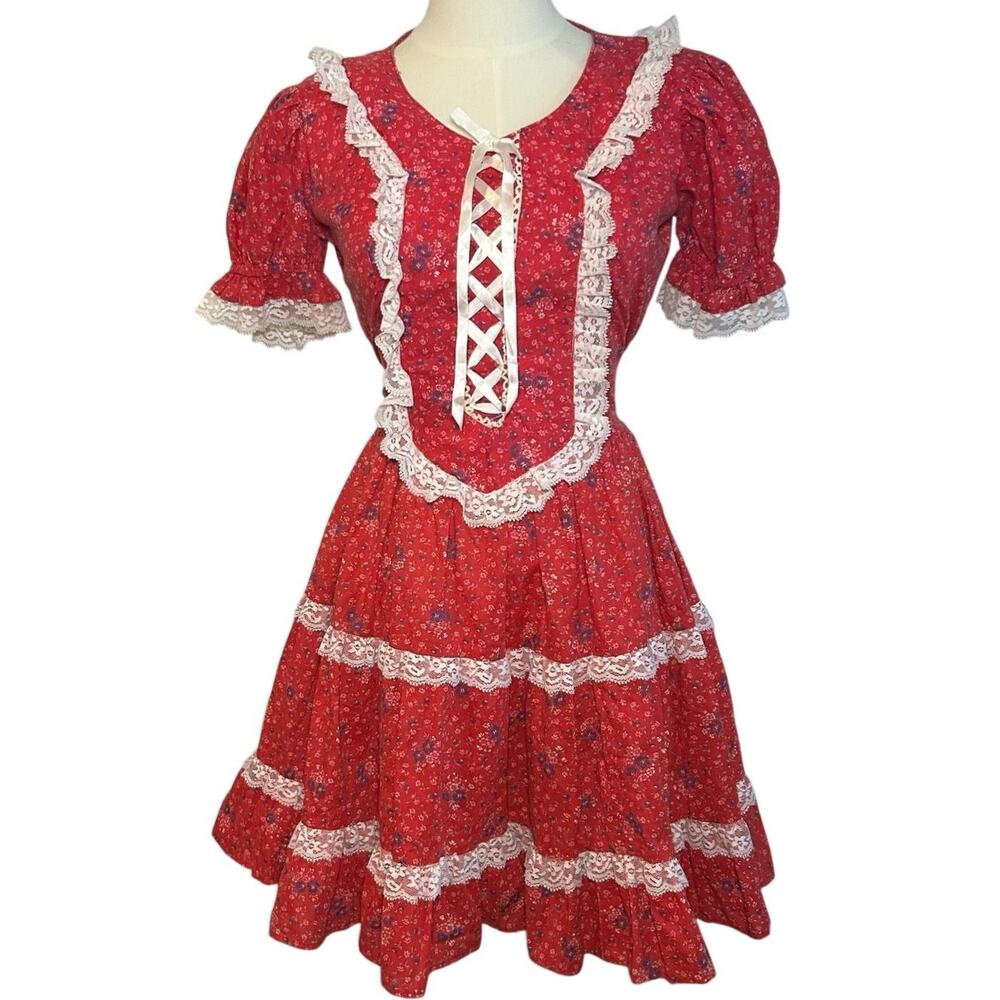 VTG 70s Jeri Bee Red Floral Square Dancing Dress S Western Prairie Whimsigoth